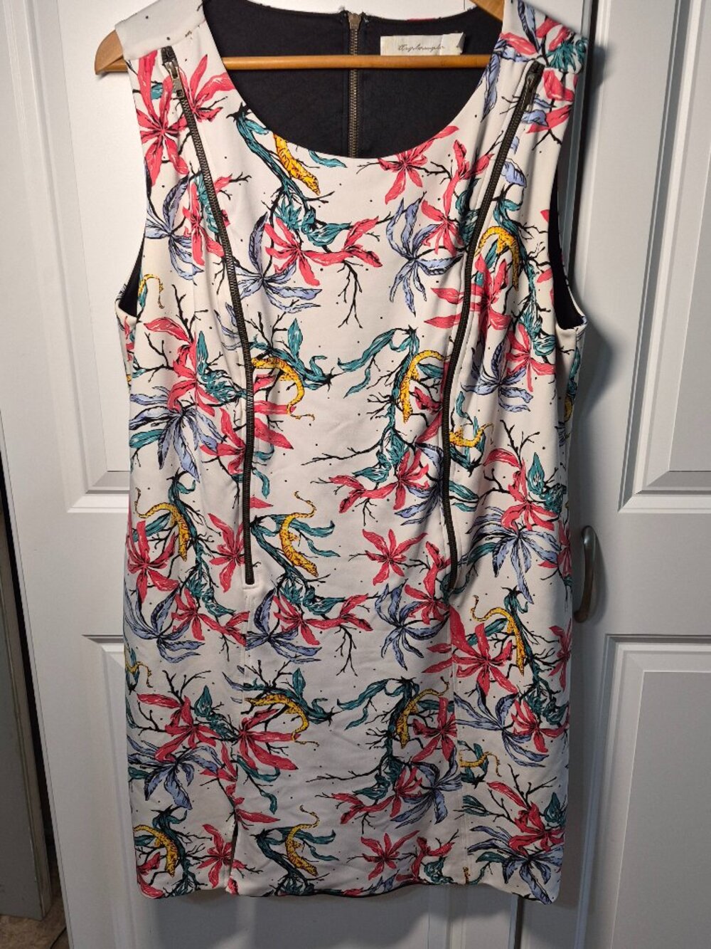 Vintage T-BAGS LOS ANGELES 2P Dress Floral Lizard two zippers front Sleeveless
